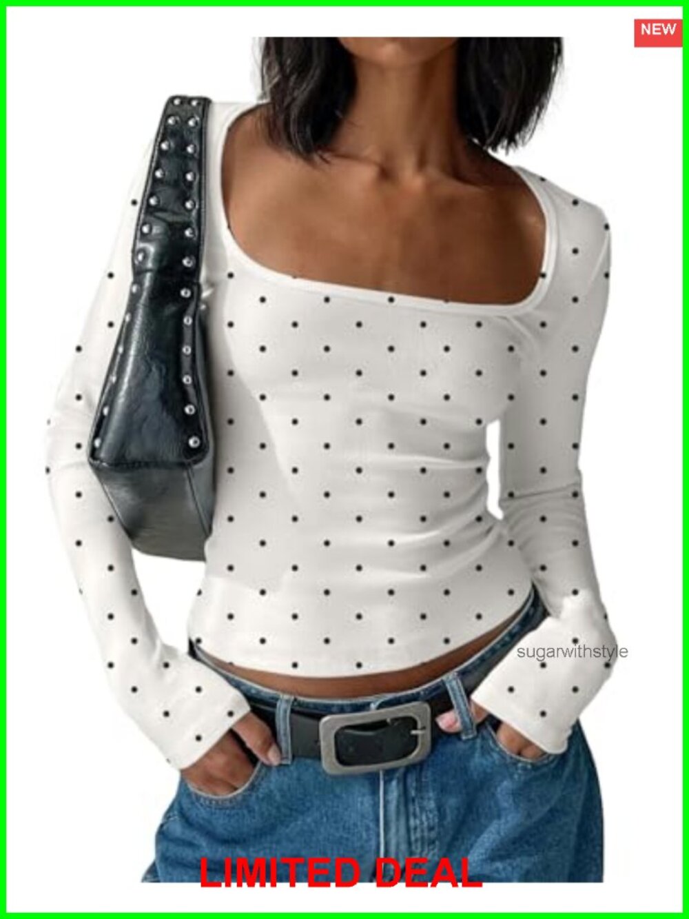 Women Y2K Polka Dot Long Sleeve Crop Top Scoop Neck Jersey Slim Fit Boho Tee